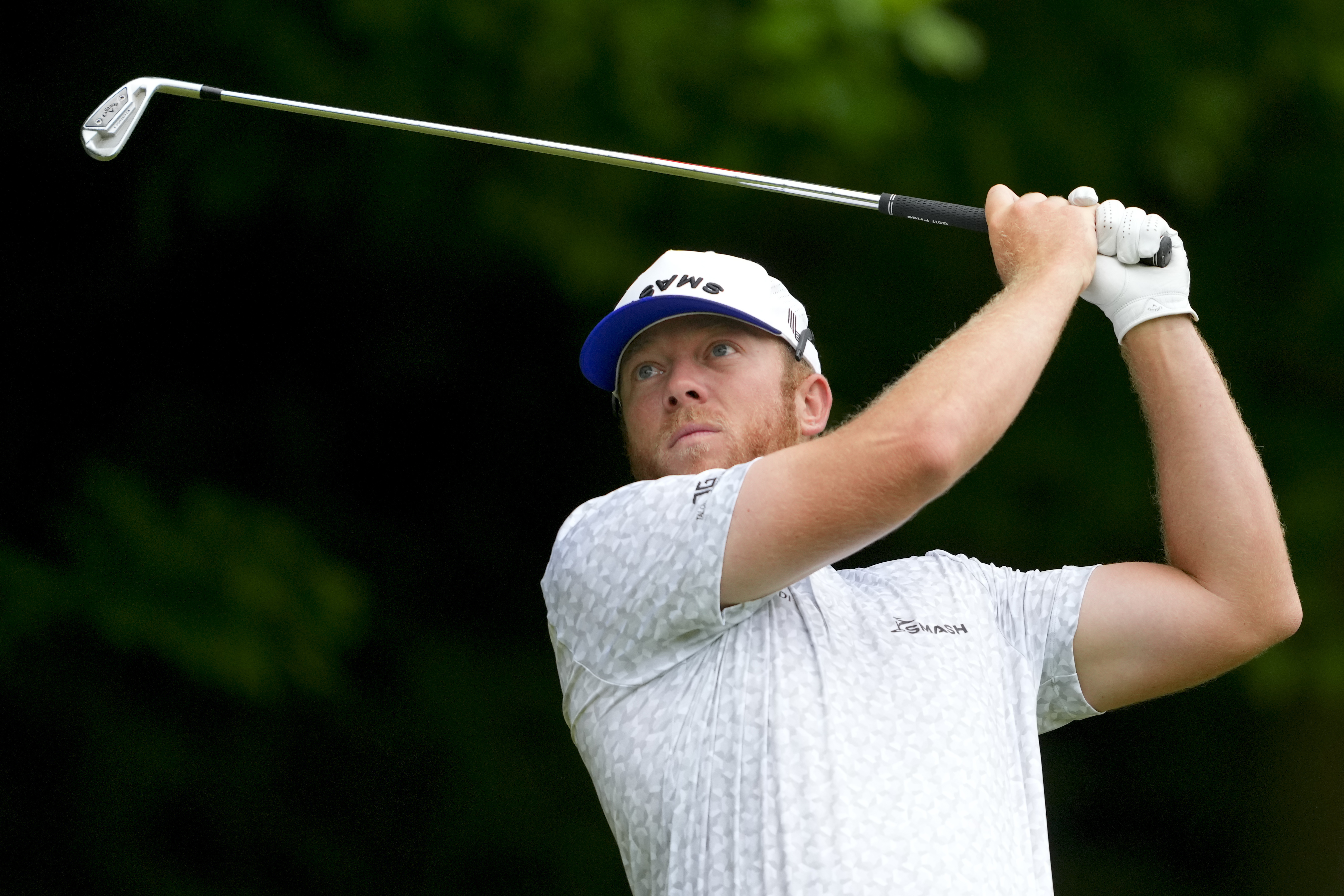 Taylor Gooch hits his tee shot on the third hole during a practice round for the PGA Championship golf tournament at the Valhalla Golf Club, Wednesday, May 15, 2024, in Louisville, Ky.
