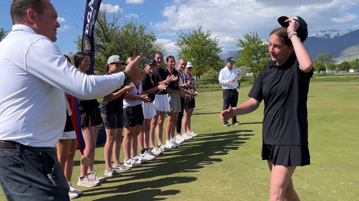 Manila's Abby Schofield receives her award as medalist after the UHSAA 1A state girls' golf tournament, held Wednesday, May 15, 2024 at Lakeside Golf Club in West Bountiful.