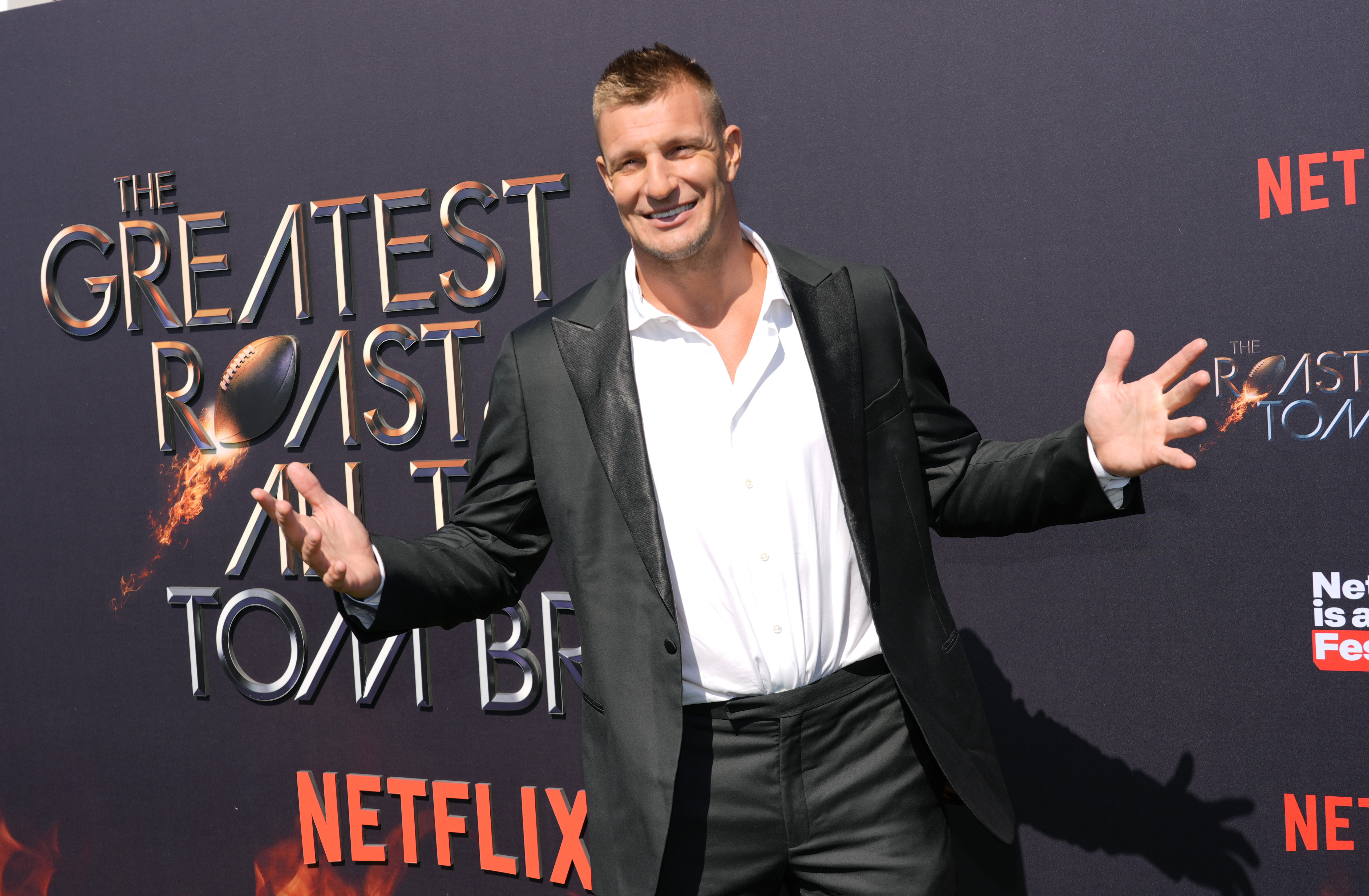 Retired NFL player Rob Gronkowski poses at "The Greatest Roast of All Time: Tom Brady" at the Kia Forum, Sunday, May 5, 2024, in Inglewood, Calif.
