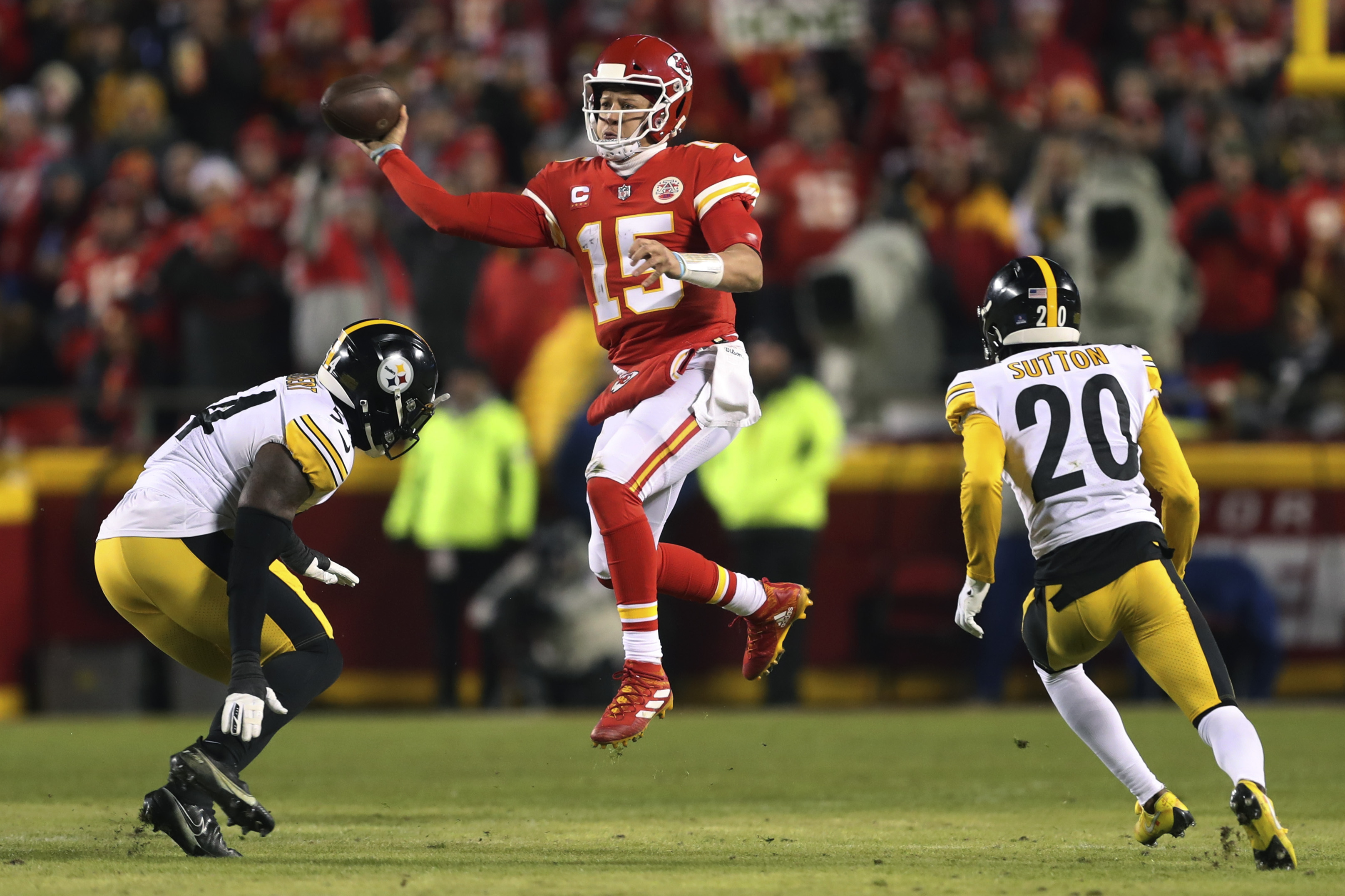 FILE - Kansas City Chiefs quarterback Patrick Mahomes (15) throws a pass during the first half of an NFL wild-card playoff football game against the Pittsburgh Steelers, Sunday, Jan. 16, 2022, in Kansas City, Mo. Netflix and the NFL announced a three-year deal Wednesday, May 15, 2024. to stream games on Christmas Day, which includes the Chiefs taking on Steelers on Dec. 25, 2024. 