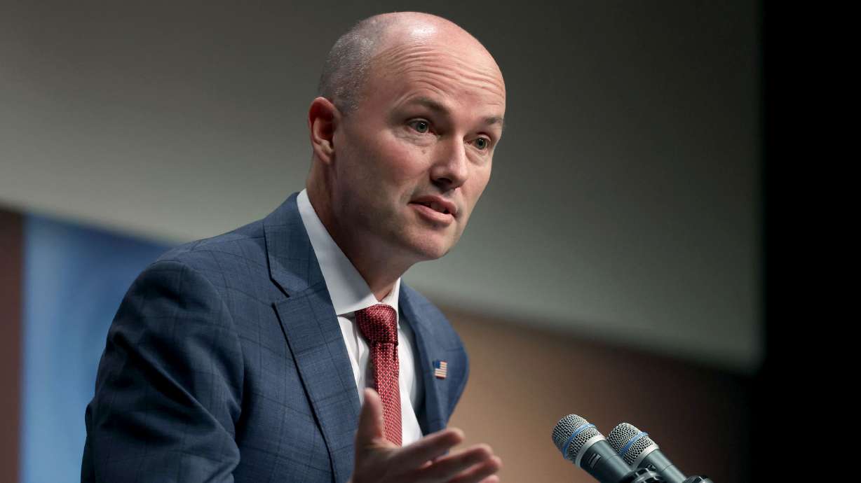 Gov. Spencer J. Cox speaks to reporters during the Governor's Monthly News Conference at the PBS Utah Studios in Salt Lake City on Thursday.