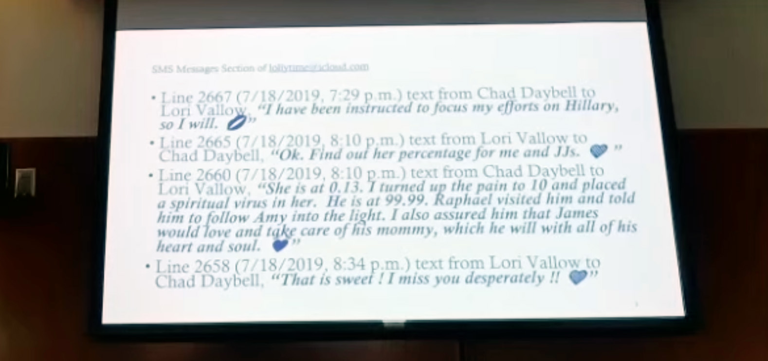 A screen shows the text of messages sent between Chad Daybell and Lori Daybell prior to the deaths of JJ Vallow, Tylee Ryan and Tammy Daybell. Chad Daybell is charged three counts of murder in connection with their deaths. Lori Daybell was convicted last year of the murders of the two children.