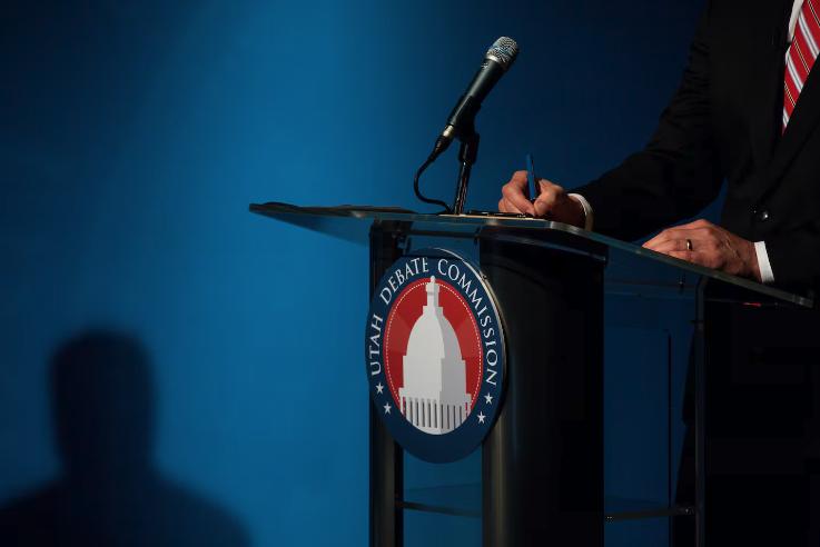 The Utah Debate Commission logo is pictured at the PBS Utah studio at the University of Utah in Salt Lake City on June 1, 2020.