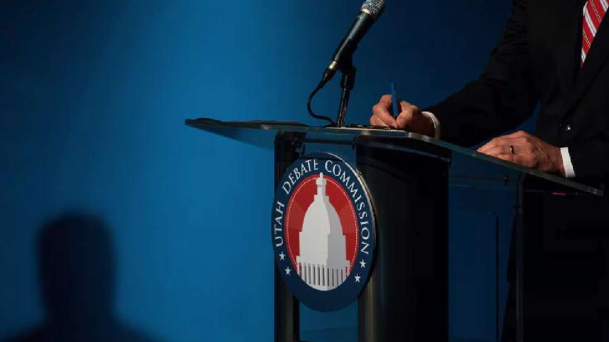 The Utah Debate Commission logo is pictured at the PBS Utah studio at the University of Utah in Salt Lake City on June 1, 2020.
