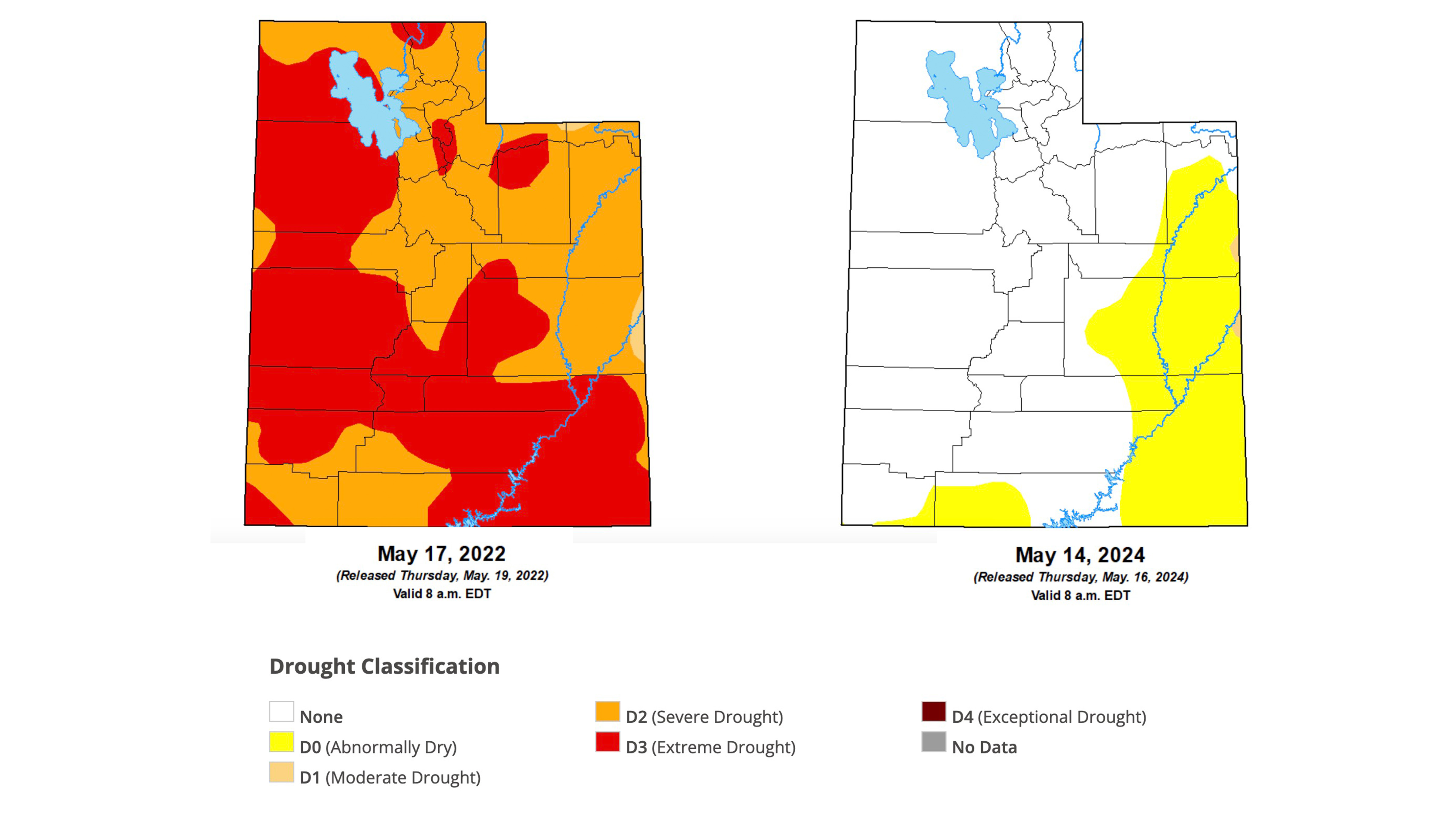 A side-by-side comparison of mid-May drought conditions in 2022 vs. 2024. Utah's drought conditions drastically improved beginning last year.