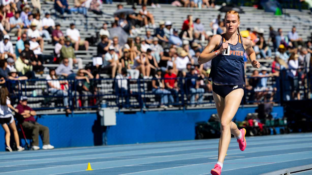 Timpview’s Jane Hedengren runs the girls 5A 3200 meter race during the first day of the 5A and 6A high school state track meet at the Track and Field Complex in Provo on Thursday, May 16, 2024.