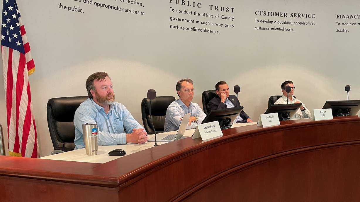 From left, Weber County planner Charlie Ewert, Northern Utah Economic Alliance President Chris Roybal, Utah Inland Port Authority Executive Director Ben Hart and Daniel Stephens with BlackPine Group at a listening session held Thursday in Ogden on the proposed Weber County inland port project.