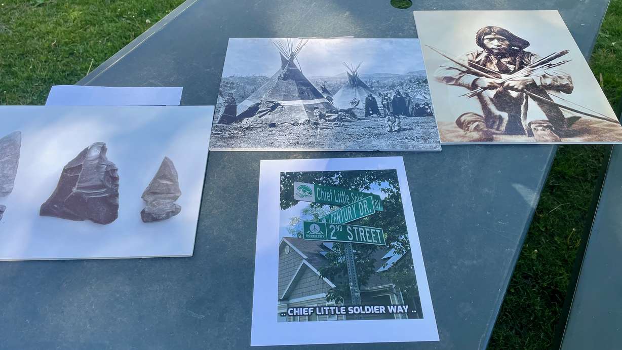 Images photographed Thursday help tell the history of the Bingham Fort area of Ogden. Chief Little Soldier is in the upper right-hand corner while the photo on the left shows some of the arrowheads found in the area.