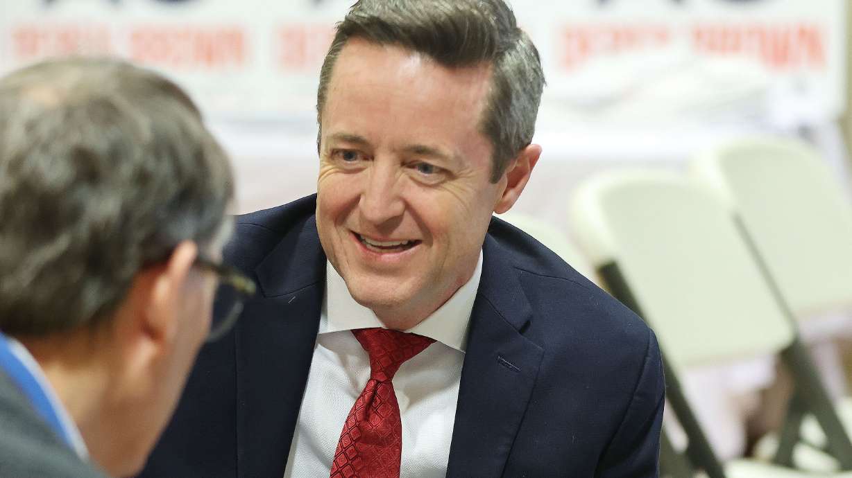 Republican Utah attorney general candidate Derek Brown speaks to attendees at the Holladay City Hall in Holladay on April 4. Building America’s Future announced a six-figure ad buy in support of Brown.