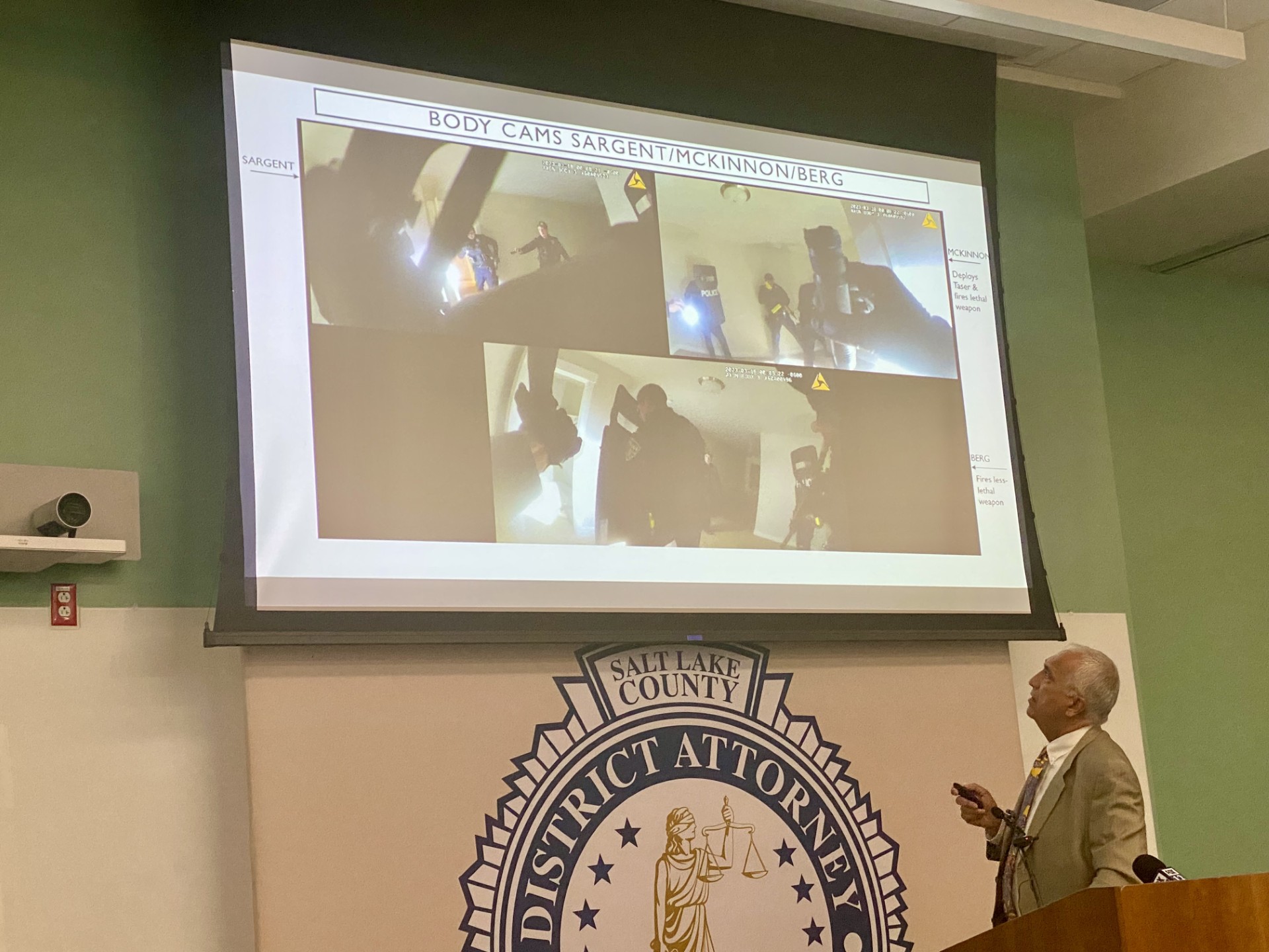 Salt Lake County District Attorney Sim Gill reviews body camera video from the shooting of Alex Stewart Boren in Taylorsville on March 18, 2023. Two officers that fired their weapons were found legally justified, according to Gill's investigation.