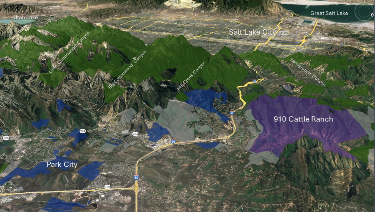 Map showing the 910 Cattle Ranch on Google Earth, in relation to the broader Summit County land area.