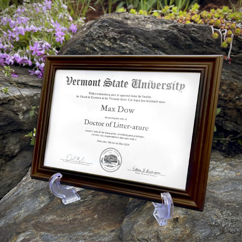 This photo shows a special diploma for Max the Cat at Vermont State University in Castleton, Vt.