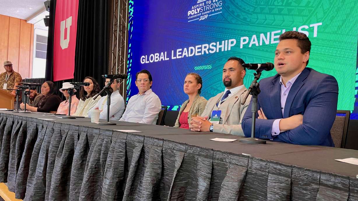 Koloa Wolfgramm addresses a panel discussion geared to Pacific Islander teens at a PolyStrong Leadership Summit gathering on the University of Utah campus in Salt Lake City.