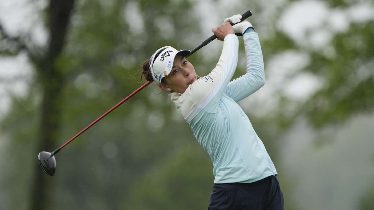 Atthaya Thitikul, of Thailand, hits off the 13th tee during the first round of the Mizuho Americas Open golf tournament, Thursday, May 16, 2024, in Jersey City, N.J.