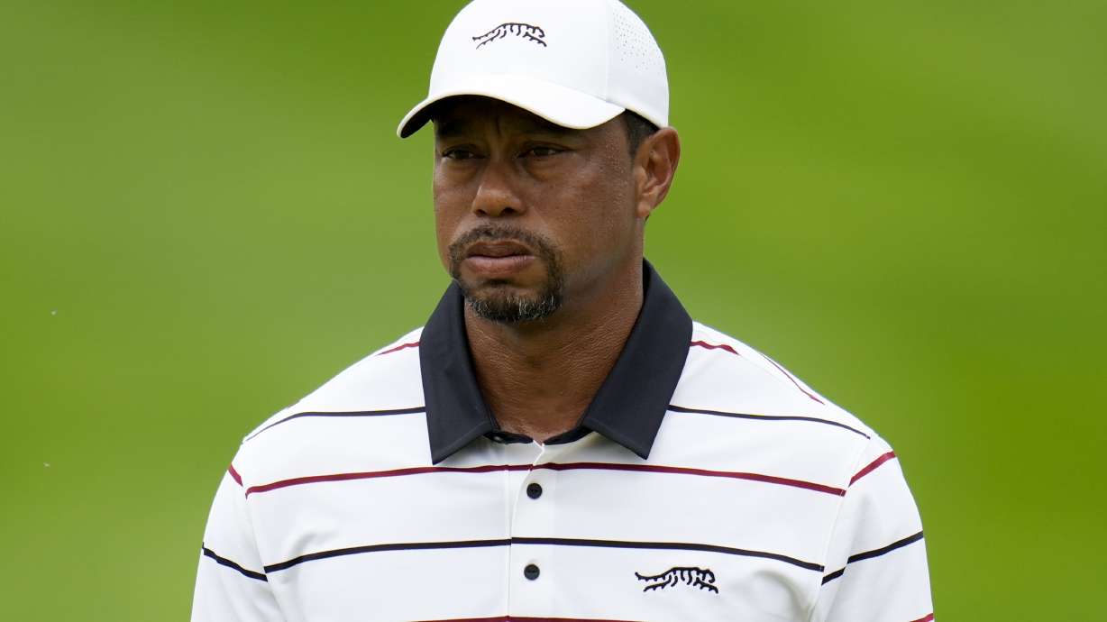 Tiger Woods lines up a putt on the fifth hole during the second round of the PGA Championship golf tournament at the Valhalla Golf Club, Friday, May 17, 2024, in Louisville, Ky.