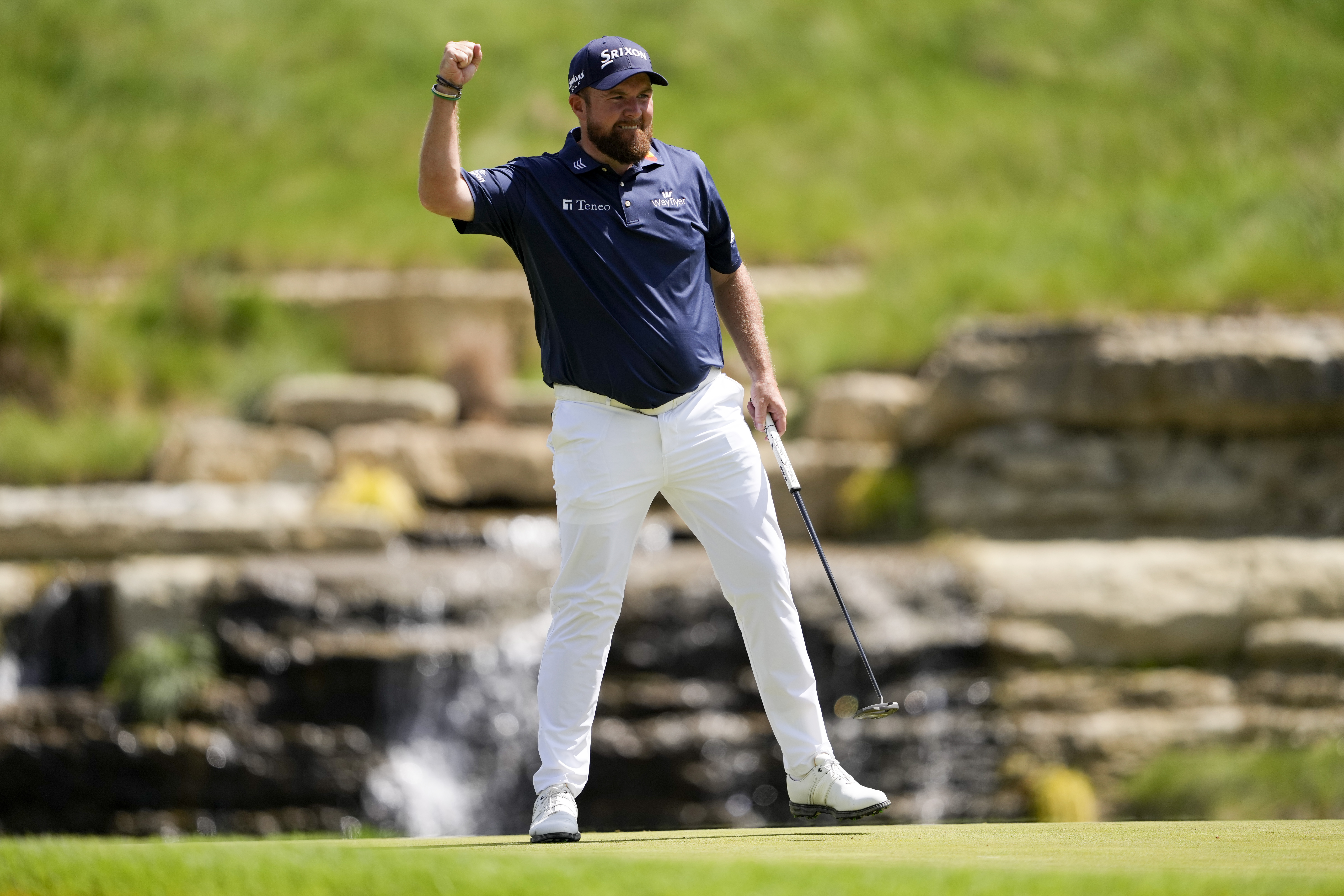 Shane Lowry, of Ireland, celebrates after a birdie on the 13th hole during the third round of the PGA Championship golf tournament at the Valhalla Golf Club, Saturday, May 18, 2024, in Louisville, Ky.