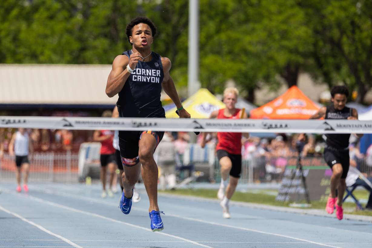 Corner Canyon's Jerome Myles sprints to the finish line during the final day of the Utah state track and field meet at BYU's Robison Complex in Provo, on Saturday May 18, 2024.