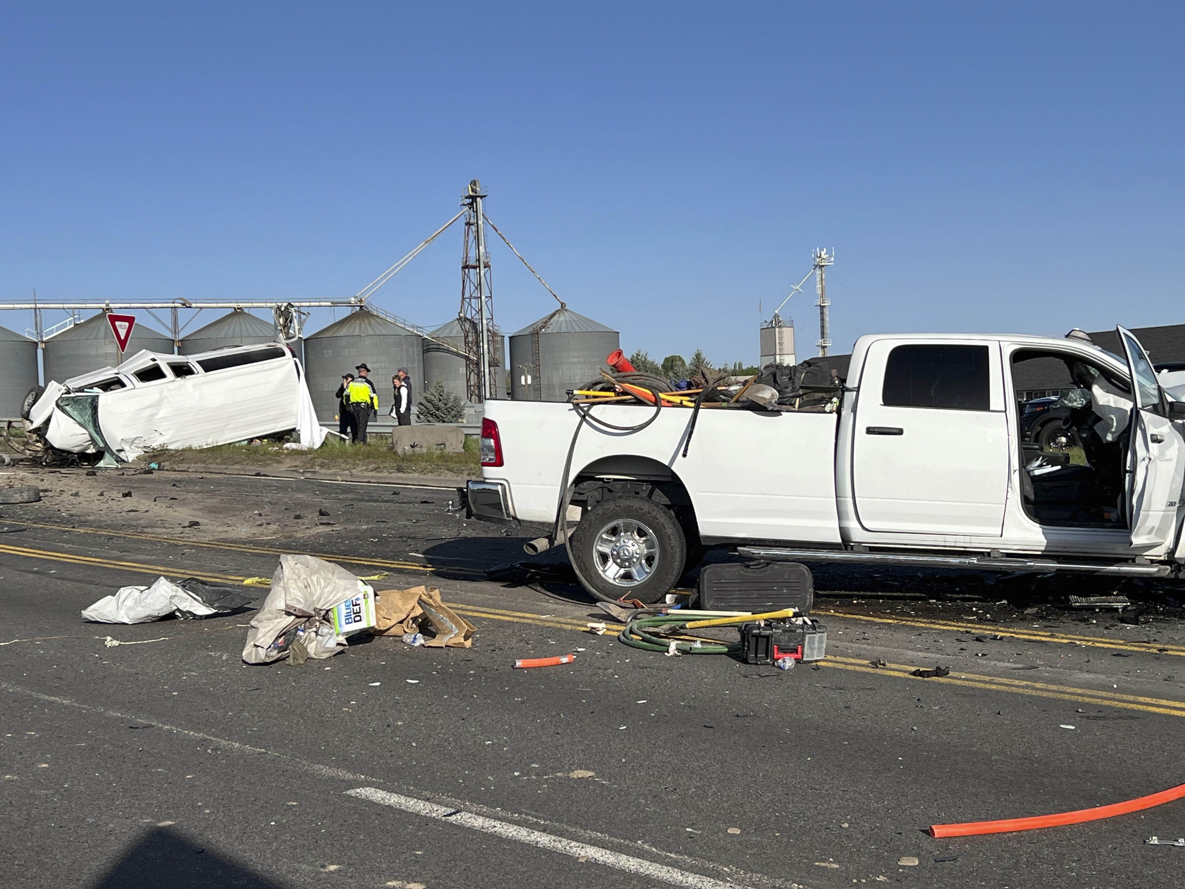A pickup truck crashed into a passenger van on U.S. 20, Saturday, in Idaho Falls, Idaho. State police say the accident happened early Saturday morning when a pickup crossed the center line and fatally hit a passenger van.