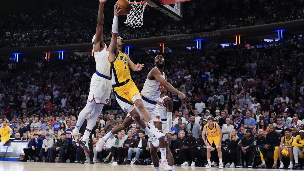 Indiana Pacers guard Andrew Nembhard (2) shoots during the first half of Game 7 in an NBA basketball second-round playoff series against the New York Knicks, Sunday, May 19, 2024, in New York.