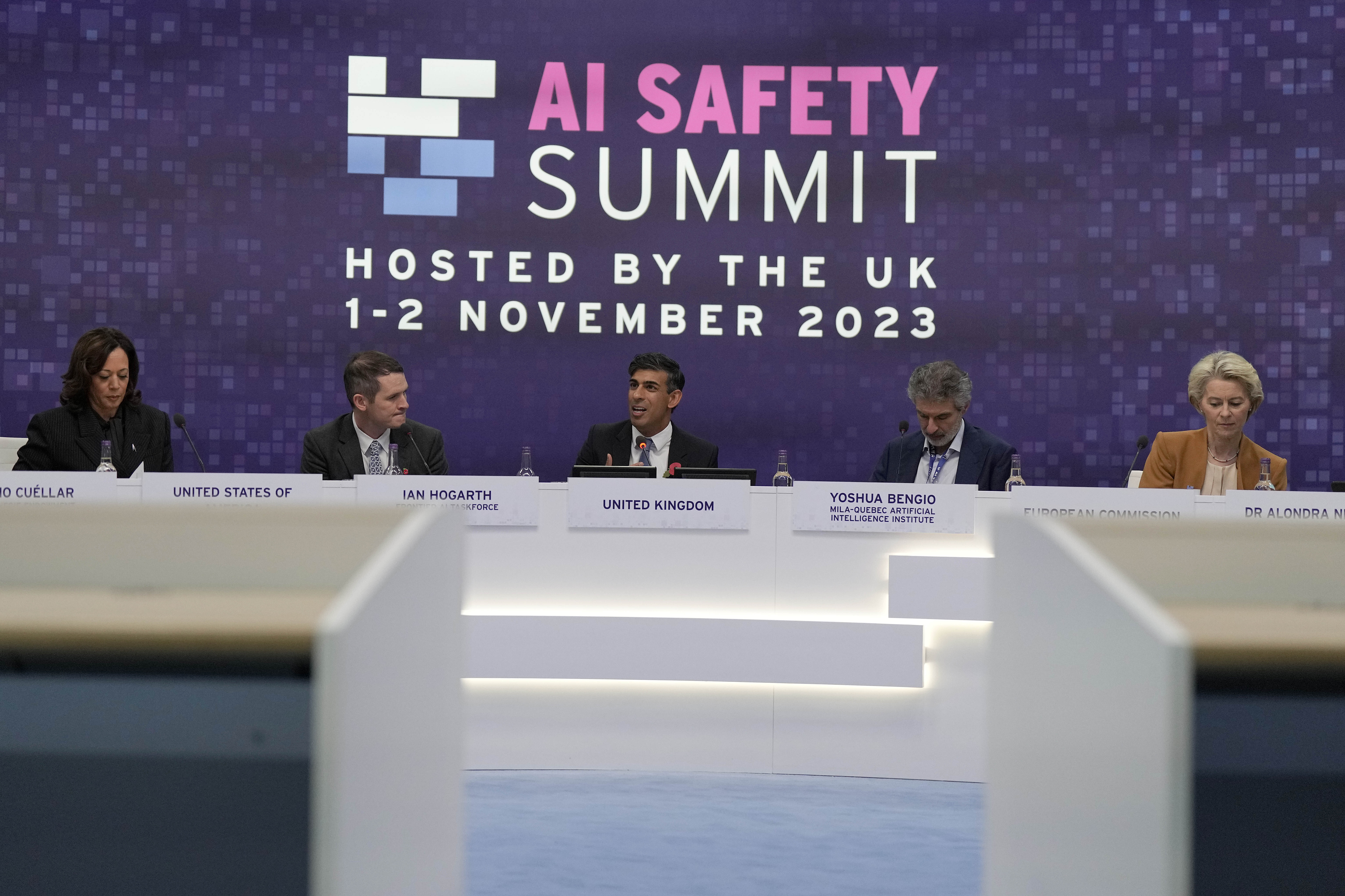 Britain's Prime Minister Rishi Sunk at the AI Safety Summit at Bletchley Park in Milton Keynes, England, on Nov. 2, 2023. South Korea is set to host a mini-summit this week on risks and regulation of artificial intelligence.