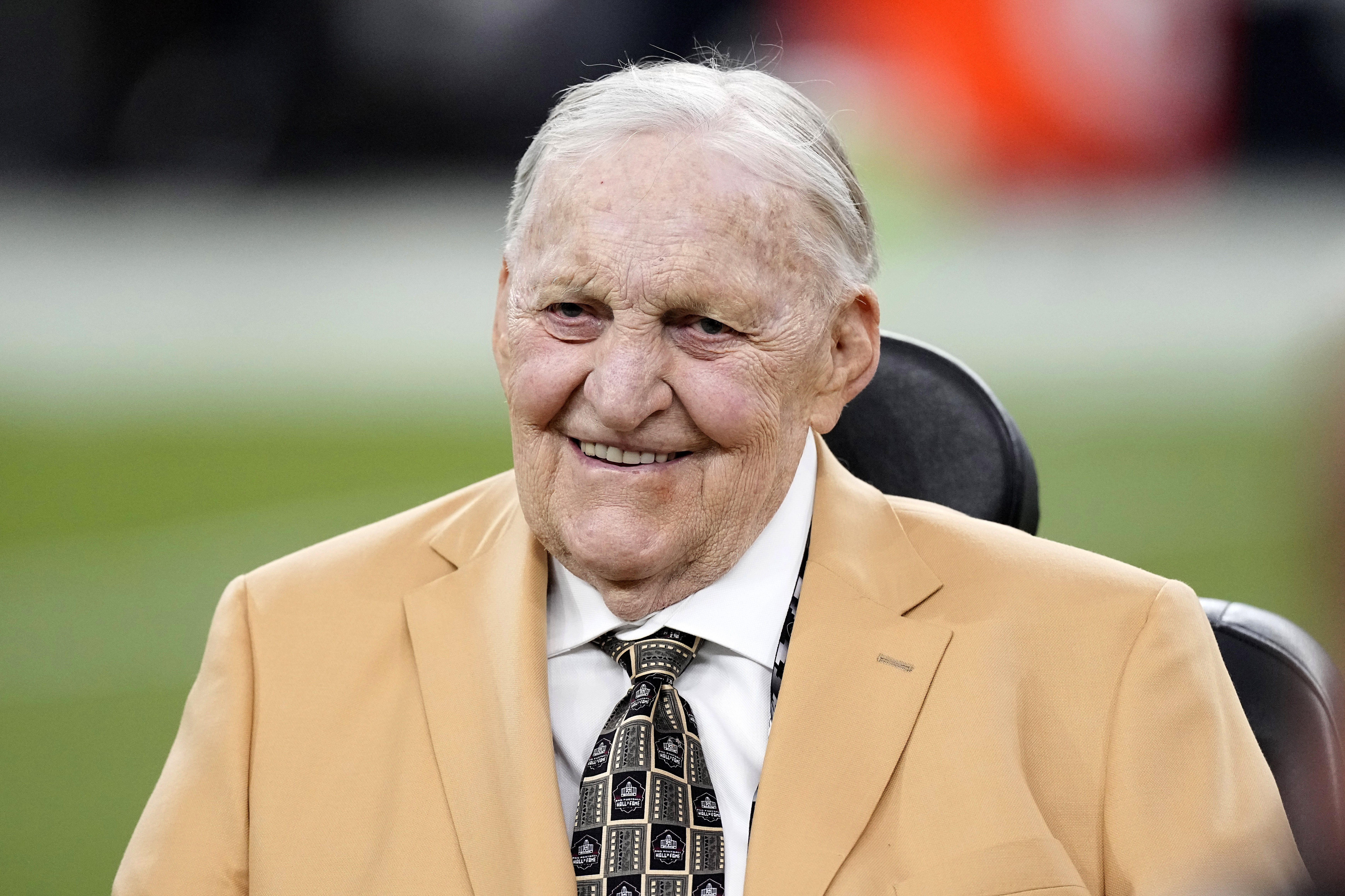 FILE - NFL Hall of Famer Jim Otto smiles prior to an NFL football game between the Las Vegas Raiders and the Pittsburgh Steelers, Sept. 24, 2023, in Las Vegas. Otto, the Hall of Fame center known as “Mr. Raider” for his durability through a litany of injuries, has died, the team confirmed Sunday night, May 19, 2024. He was 86. 
