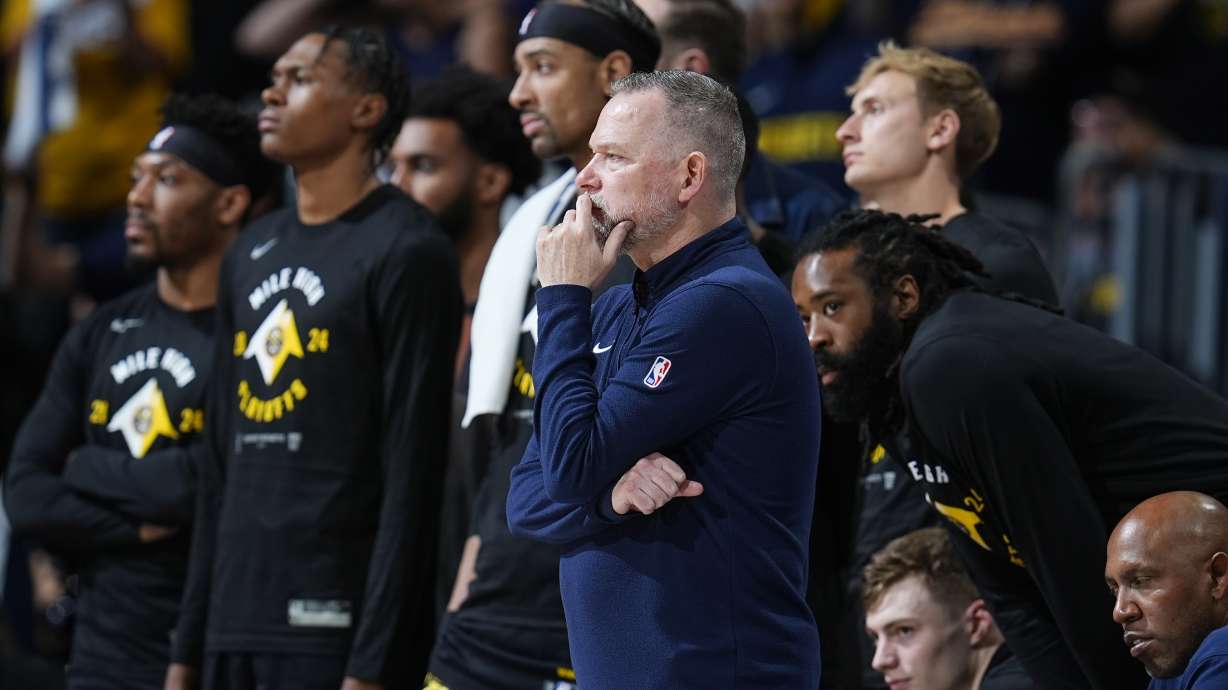 Denver Nuggets head coach Michael Malone looks on as time runs out in the second half of Game 7 of an NBA second-round playoff series against the Minnesota Timberwolves Sunday, May 19, 2024, in Denver.