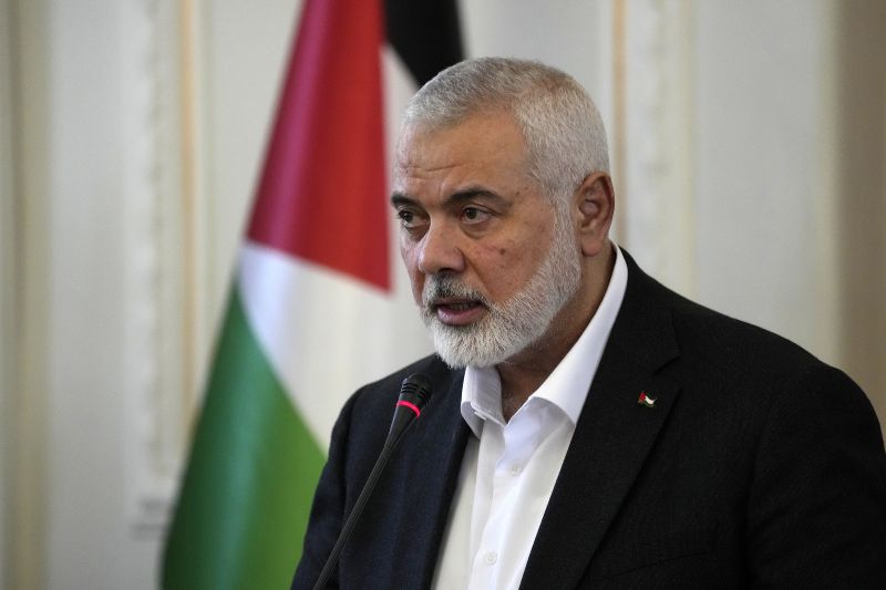 Hamas chief Ismail Haniyeh speaks during a press briefing after his meeting in Tehran, Iran, March 26. The chief prosecutor of the International Criminal Court said Monday he is seeking arrest warrants for Israeli and Hamas leaders.