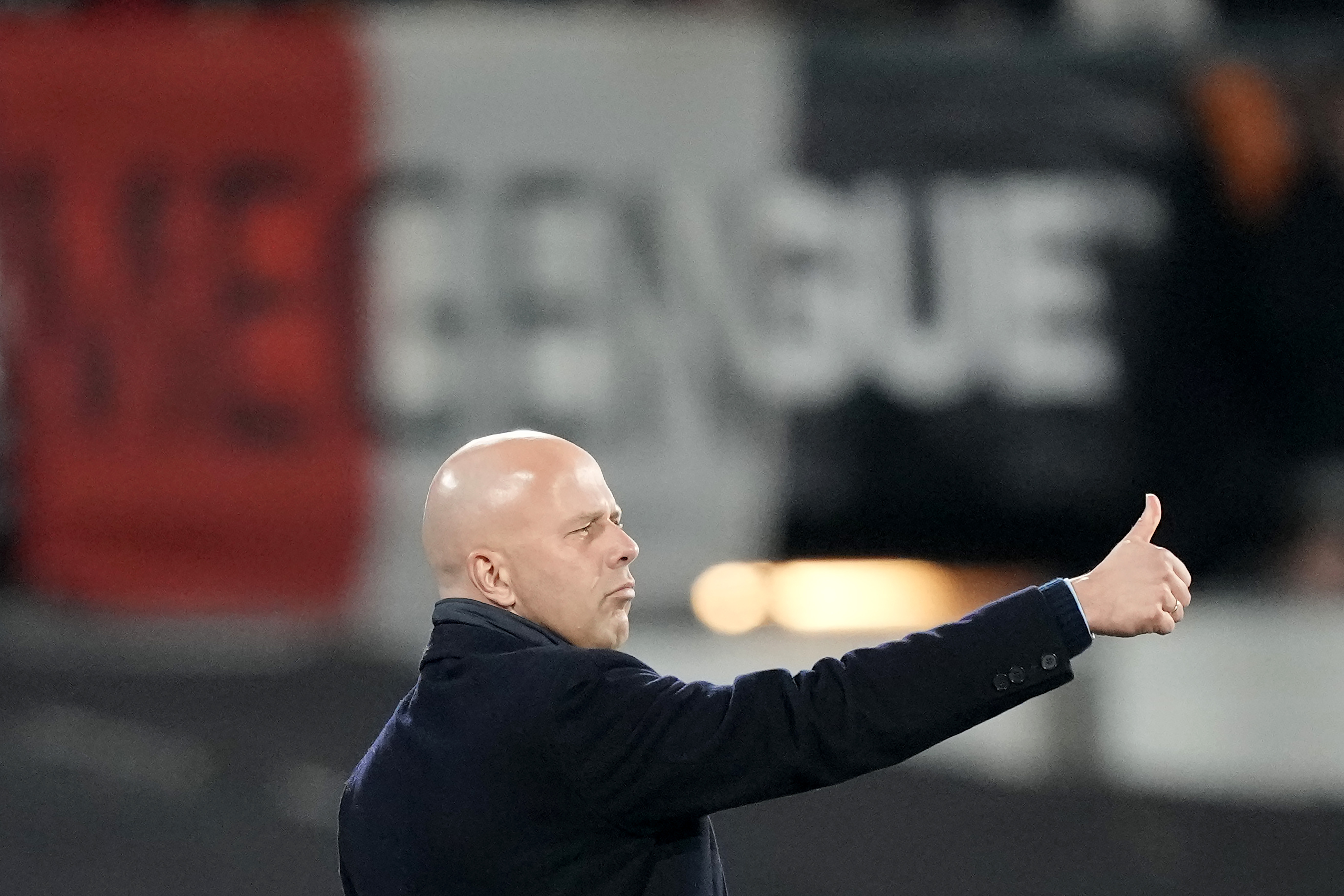 FILE- Feyenoord's head coach Arne Slot reacts to his players during the Europa League play off, first leg soccer match between Feyenoord and Roma at De Kuip stadium in Rotterdam, Netherlands, Thursday, Feb. 15, 2024. Liverpool might have found its replacement for Jurgen Klopp. Feyenoord coach Arne Slot says his Dutch club is “negotiating” with Liverpool over his possible move to Anfield. Slot tells ESPN he is “still on hold" and “we have to wait for an agreement to be reached, but I have every confidence in that.”
