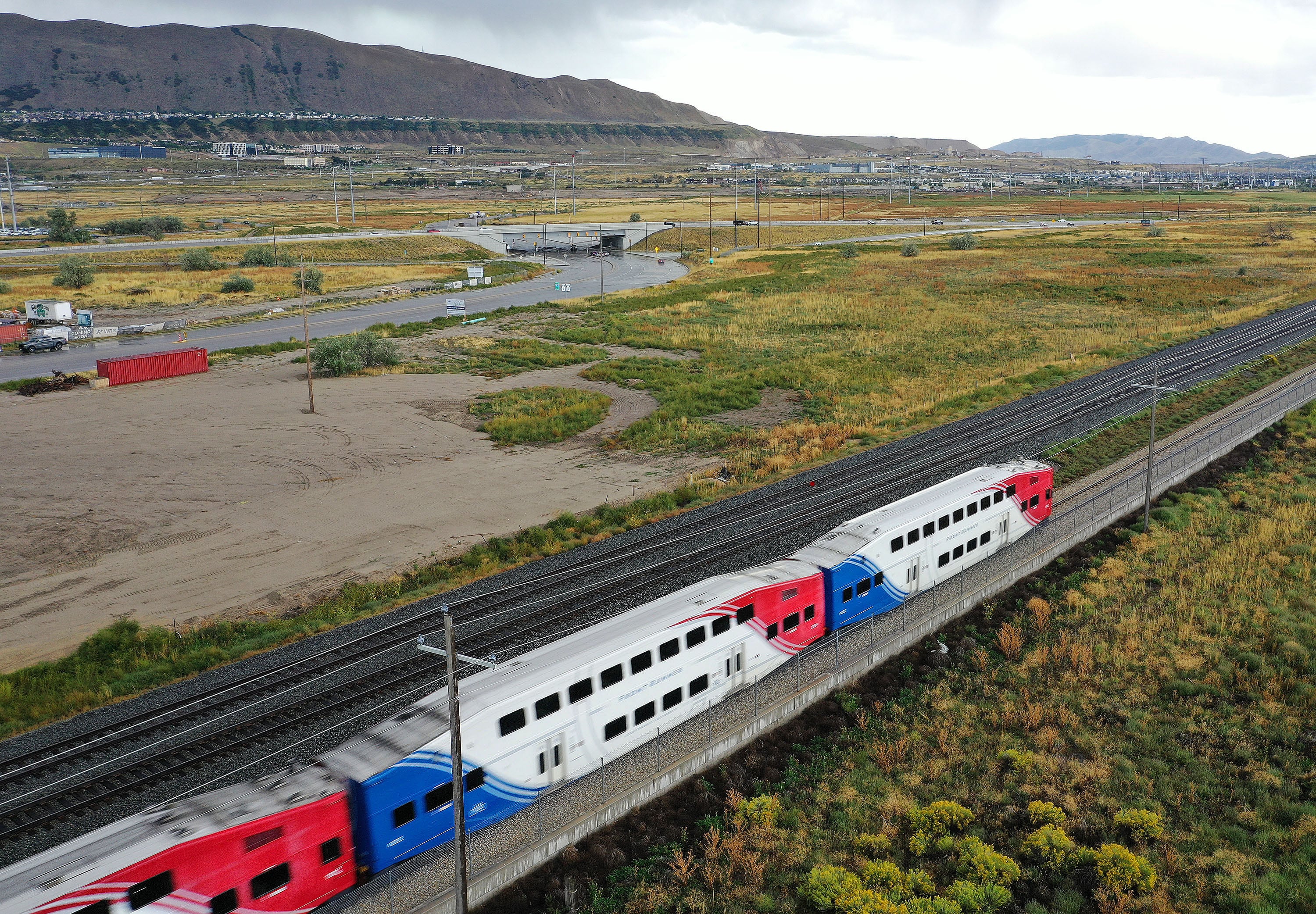 A Utah Transit Authority FrontRunner travels near Point of the Mountain in Bluffdale on Sept. 19, 2023. Utah transit officials are holding four meetings about their plans to extend FrontRunner service to Payson as the project heats up.