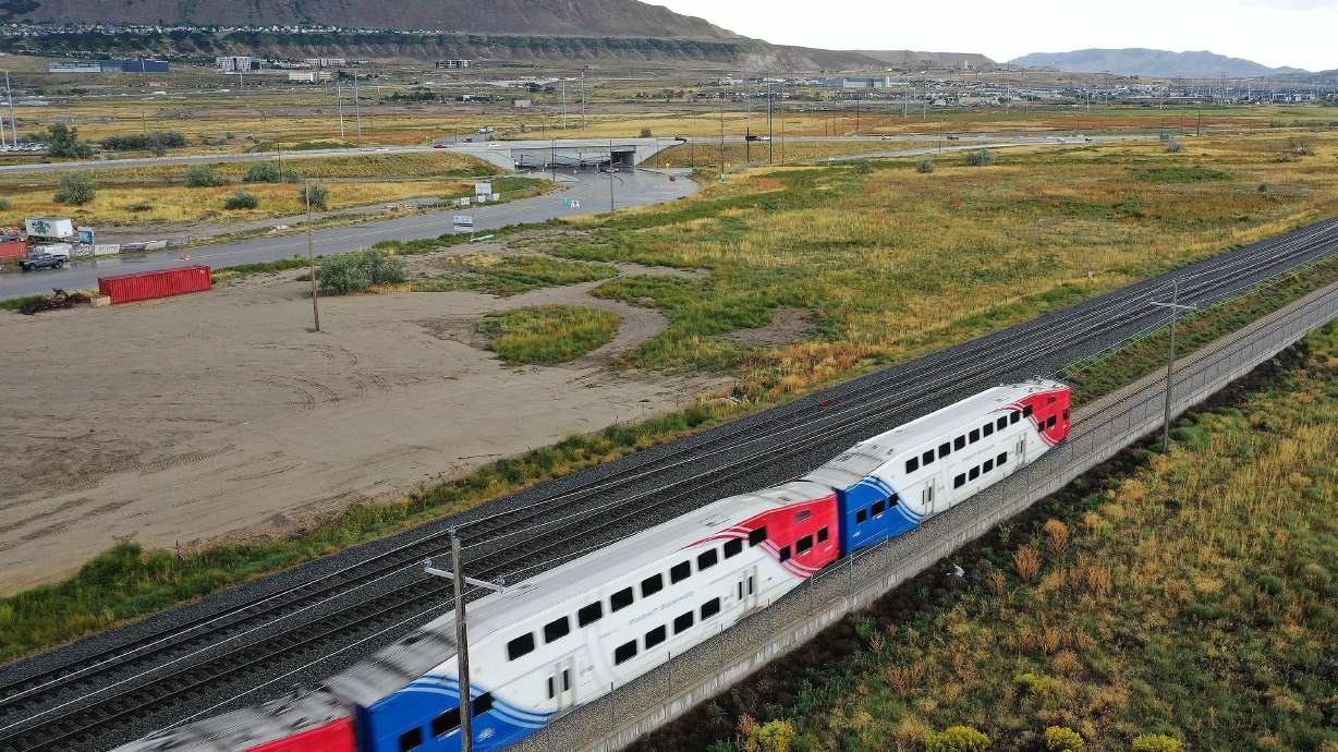 A Utah Transit Authority FrontRunner travels near Point of the Mountain in Bluffdale on Sept. 19, 2023. Utah transit officials are holding four meetings about their plans to extend FrontRunner service to Payson as the project heats up.