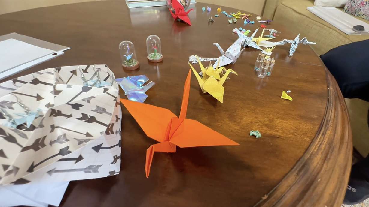 Brianna Adams turns paper cranes into wearable fashion and decor, Hurricane, April 15.