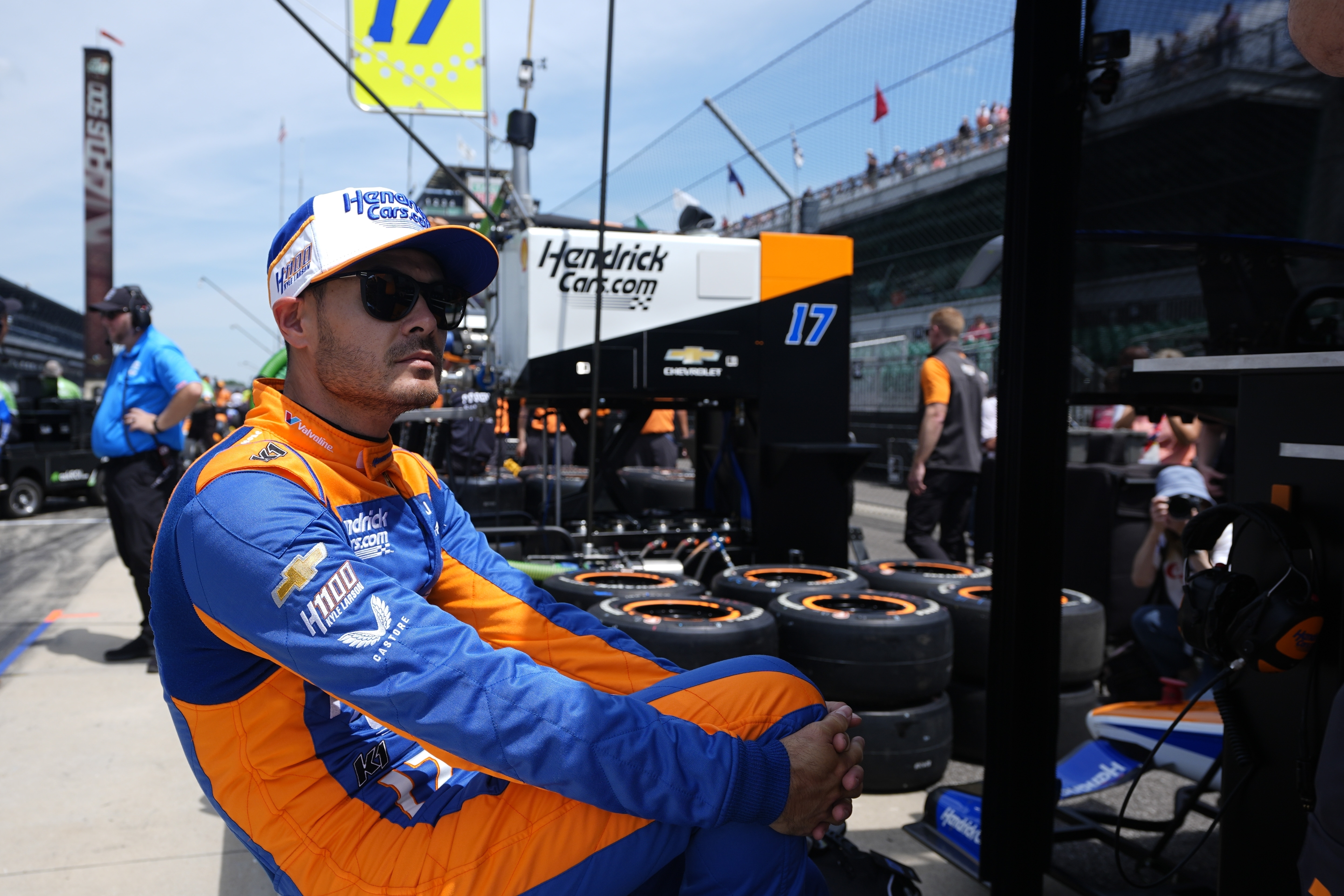 Kyle Larson waits in his pit box during a practice session for the Indianapolis 500 auto race at Indianapolis Motor Speedway, Monday, May 20, 2024, in Indianapolis. 