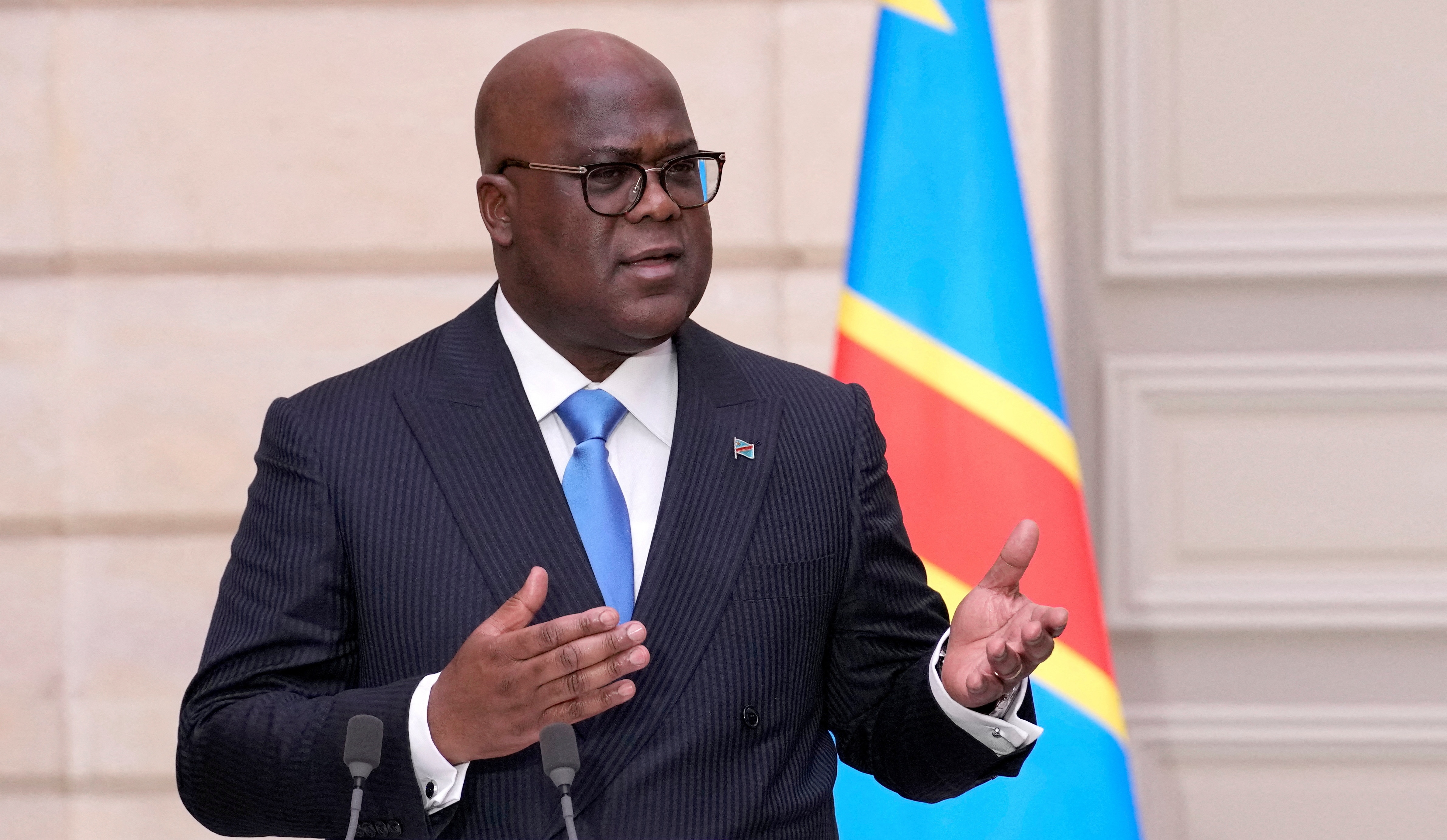 Congo's President Felix Tshisekedi speaks in Paris, France, April 30. Congo's army spokesman has released the name of the third American involved a foiled coup plot in Kinshasa.