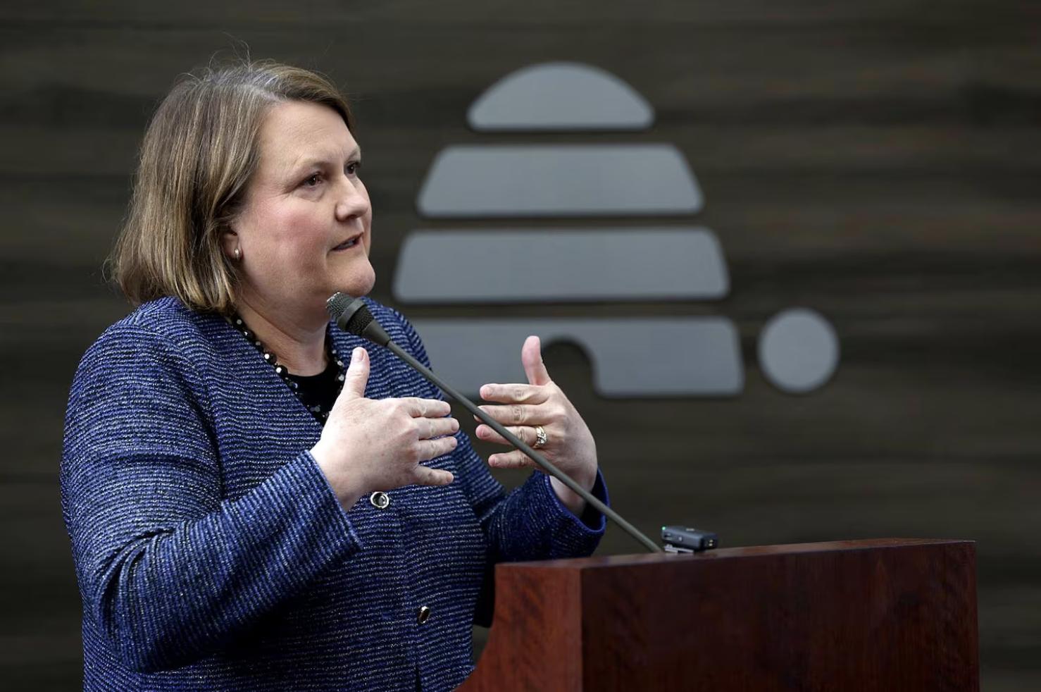 Sarah Jane Weaver speaks to the staff after being announced as the new editor of the Deseret News during a staff meeting, Tuesday in Salt Lake City. Weaver is the first female editor of the Deseret News. Doug Wilks remains as executive editor.