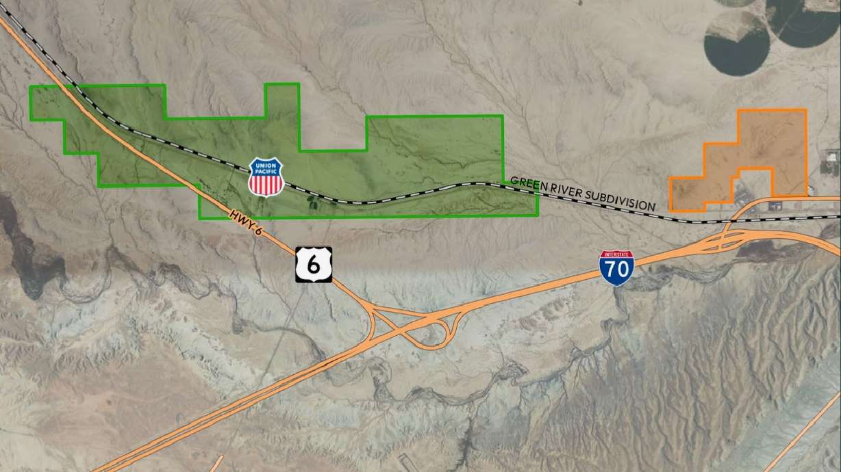 The image shows part of the Castle Country Project Area, in green and orange, near Green River in Emery County in southern Utah. The proposal is the 10th development plan put forward by the Utah Inland Port Authority.