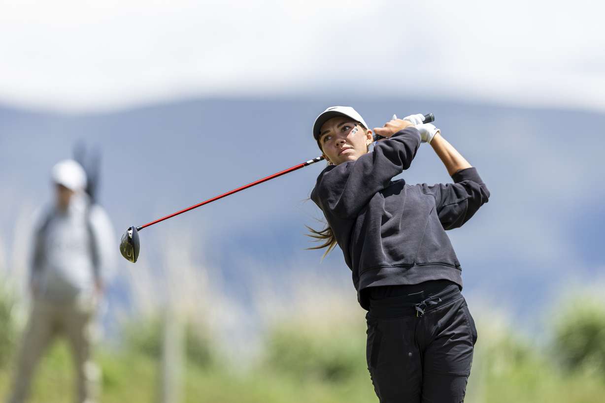 Lone Peak’s Aadyn Long tees off during the 6A girls golf high school championship held at Soldier Hollow Golf Course in Midway on Tuesday, May 21, 2024.