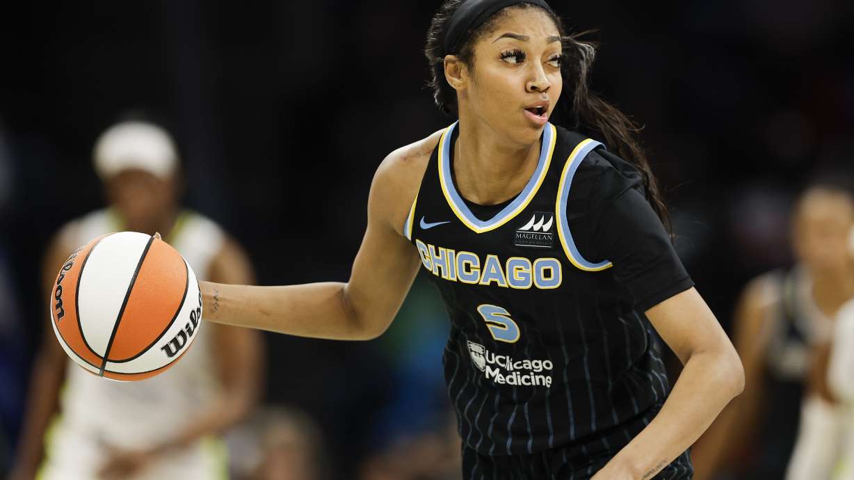 Chicago Sky forward Angel Reese (5) is seen during a WNBA basketball game against the Dallas Wings, Wednesday, May 15, 2024, in Arlington, Texas. Dallas won 87-79.