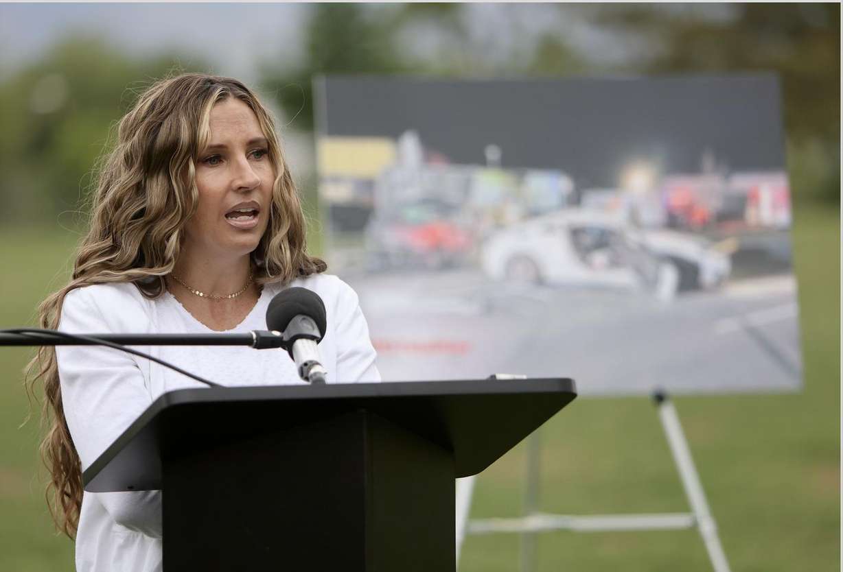 Chelsie Laycock shares her son Cody's story at a press conference at Sugar House Park in Salt Lake City on Wednesday. The Laycocks want others to be safer behind the wheel this summer.