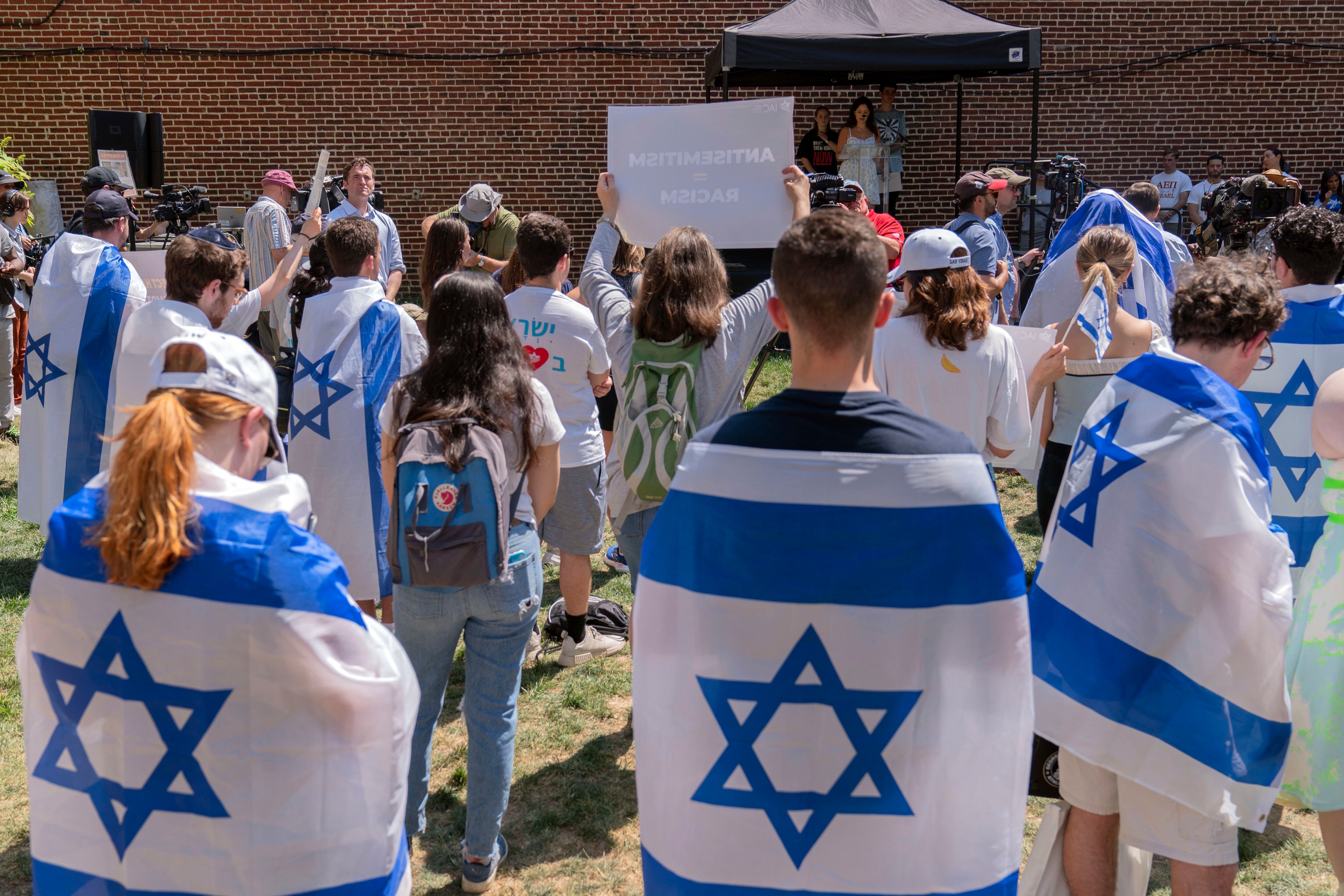 Supporters of Israel demonstrate at George Washington University, where pro-Palestinian students protest over the Israel-Hamas war, May 2, in Washington.