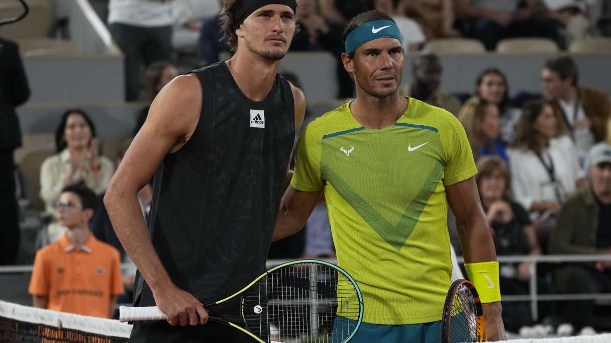 FILE - Spain's Rafael Nadal, right, and Germany's Alexander Zverev pose before their semifinal of the French Open tennis tournament at the Roland Garros stadium Friday, June 3, 2022 in Paris. Plenty of folks have vivid recollections of seeing Nadal display his relentless excellence on a tennis court. That includes the many players who have been on the other side of the net for at least one of his 1,299 professional matches.
