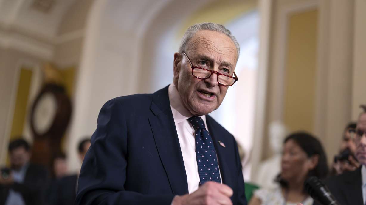Senate Majority Leader Chuck Schumer, D-N.Y., speaks at the Capitol in Washington, Tuesday. Senate Republicans are blocking for a second time a bill to clamp down the number of migrants allowed to claim asylum.