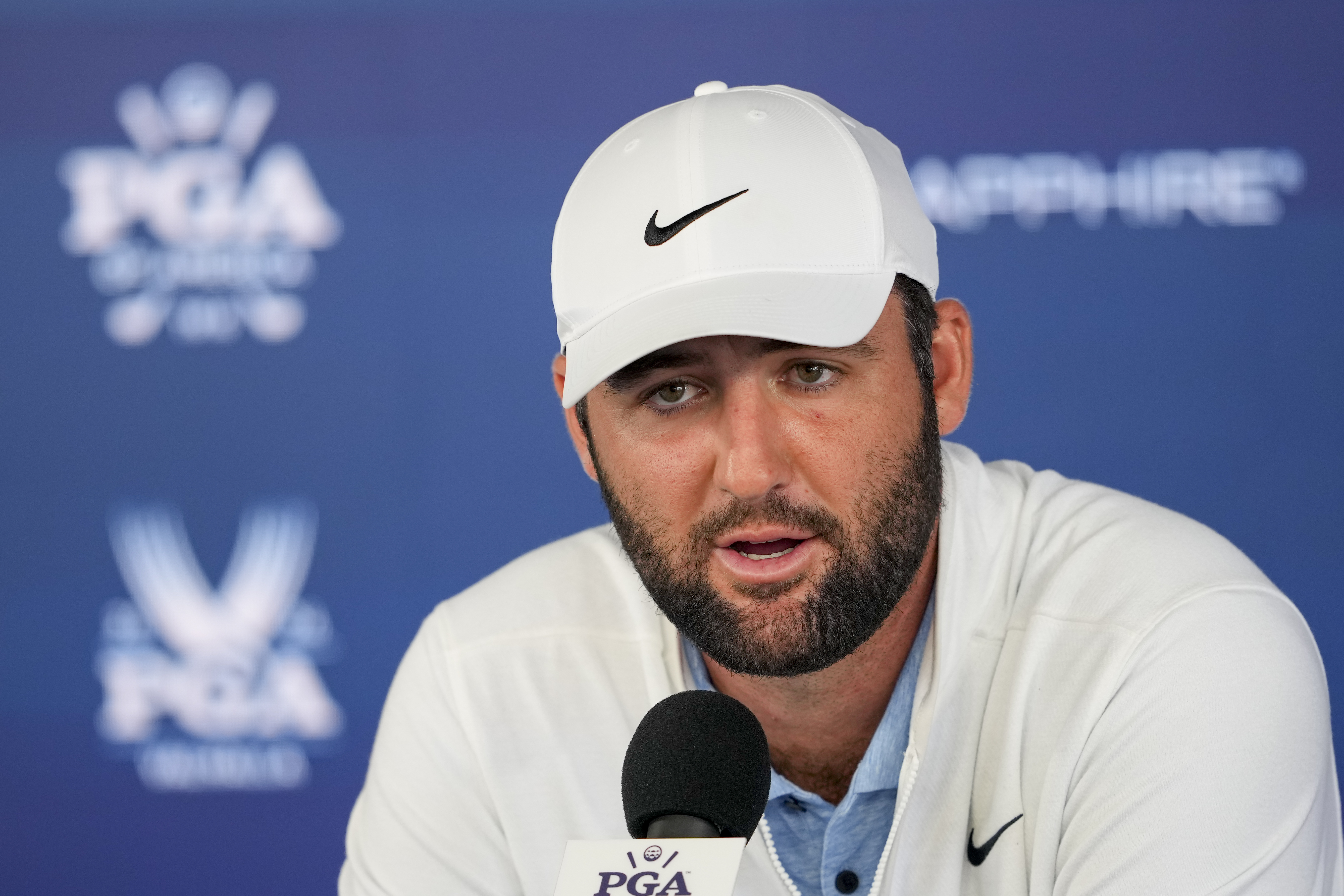 Scottie Scheffler speaks at the Valhalla Golf Club, May 17, in Louisville, Ky. The Kentucky police officer who arrested top-ranked golfer Scheffler is receiving “corrective action."
