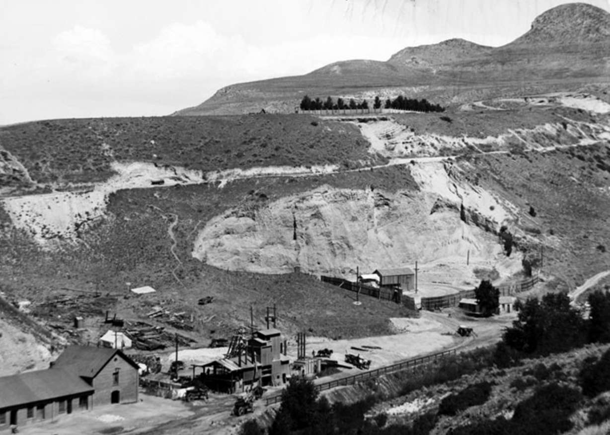 A photo of gravel mine quarries by the mouth of City Creek Canyon taken on July 15, 1905. The photo shows the old P.J. Moran stable on the lower left that is now known as Memorial House in Memory Grove.