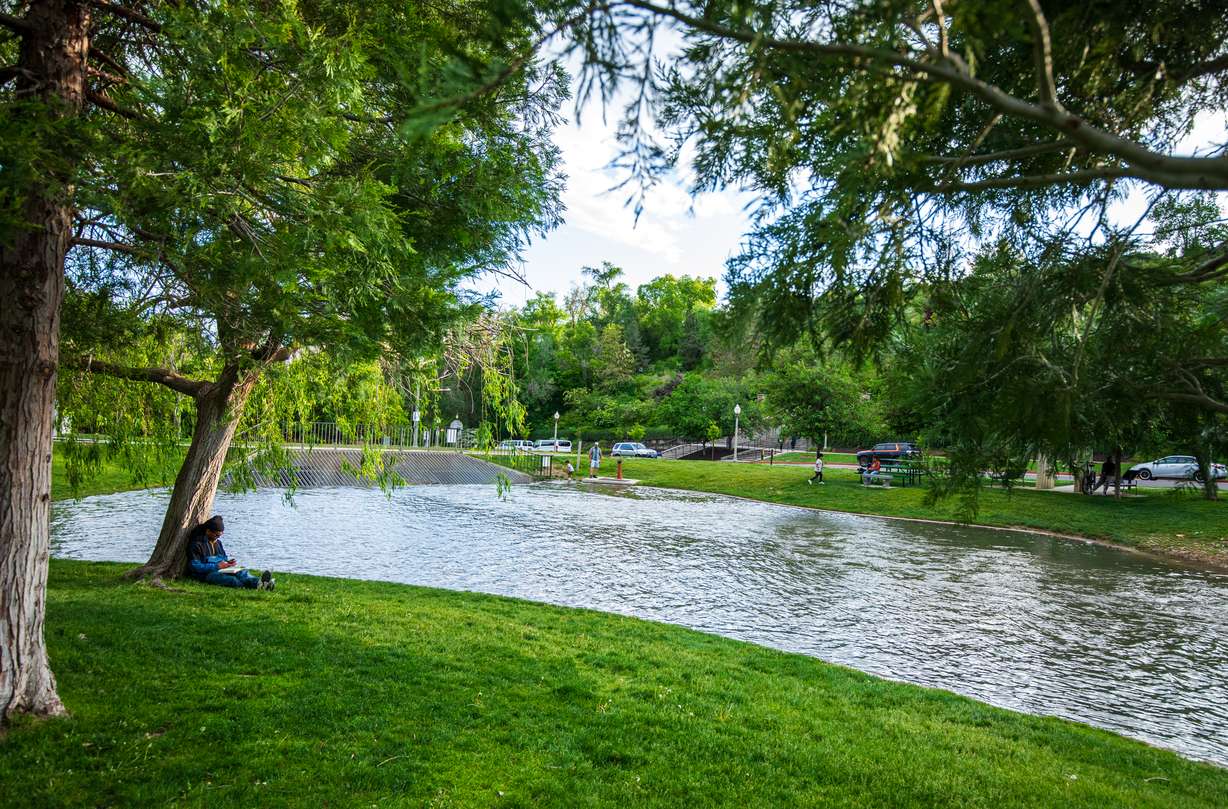 A man reads a book underneath a tree while children play near a pond where City Creek flows into a tunnel at Memory Grove Park in Salt Lake City on Wednesday.