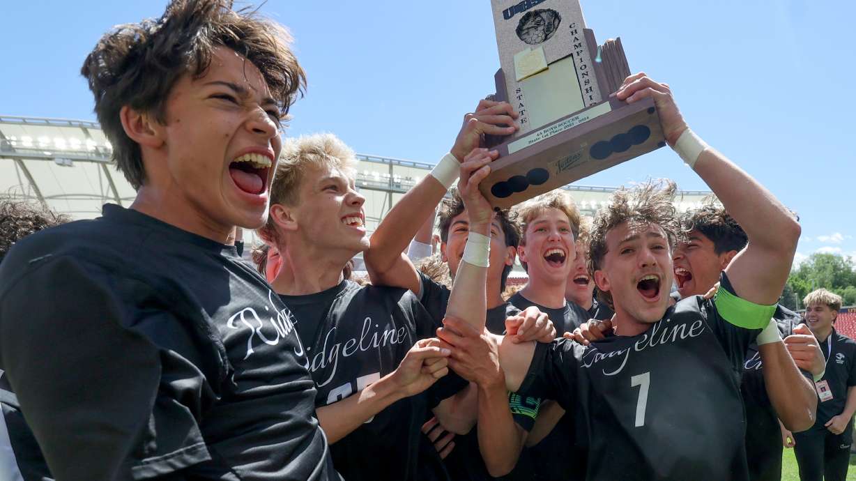 Ridgeline celebrates winning the 4A boys soccer state championship game against Murray at America First Field in Sandy on Thursday, May 23, 2024. Ridgeline won 4-3.