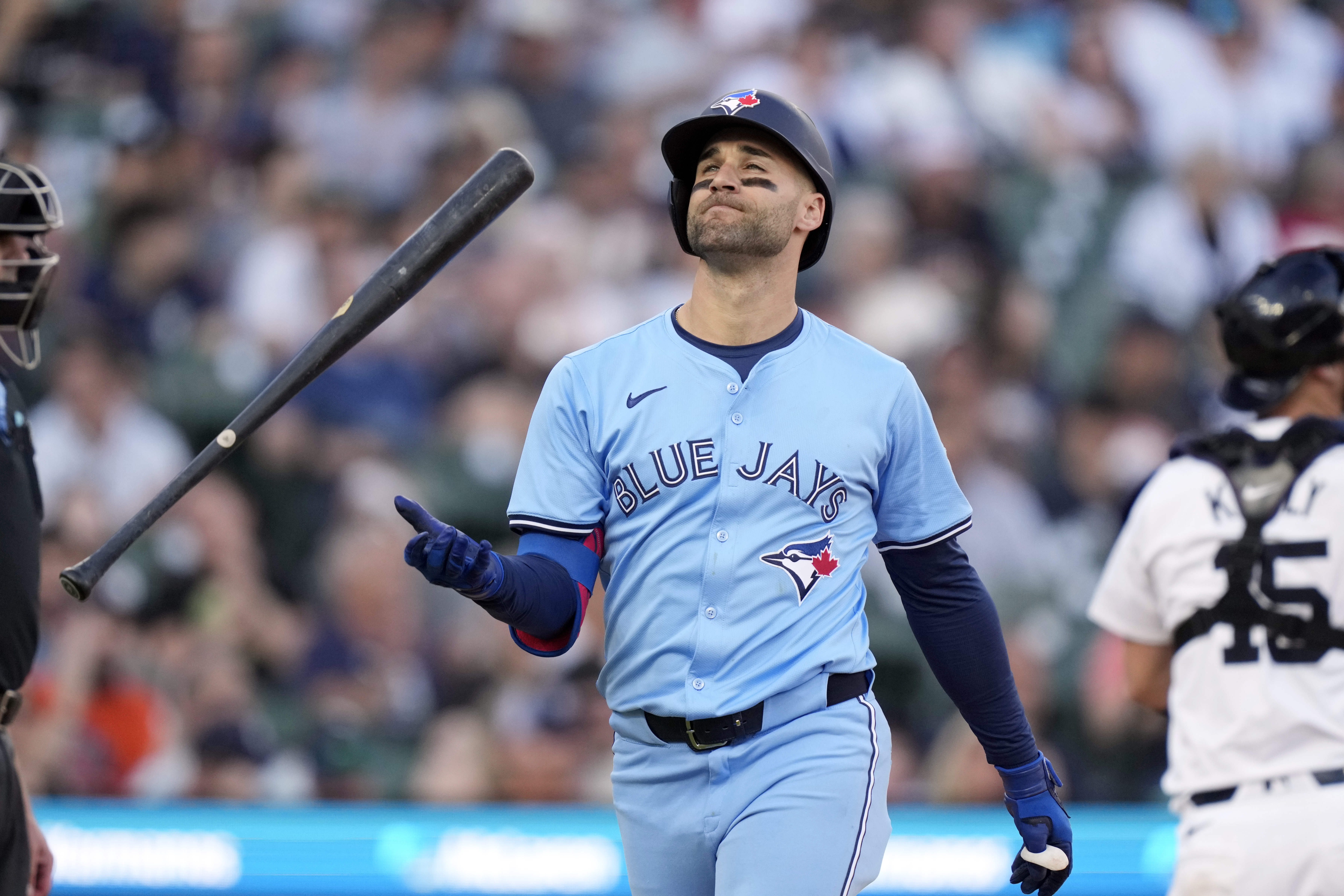 Toronto Blue Jays' Kevin Kiermaier flips his bat after striking out during the fifth inning of a baseball game against the Detroit Tigers, Thursday, May 23, 2024, in Detroit. 
