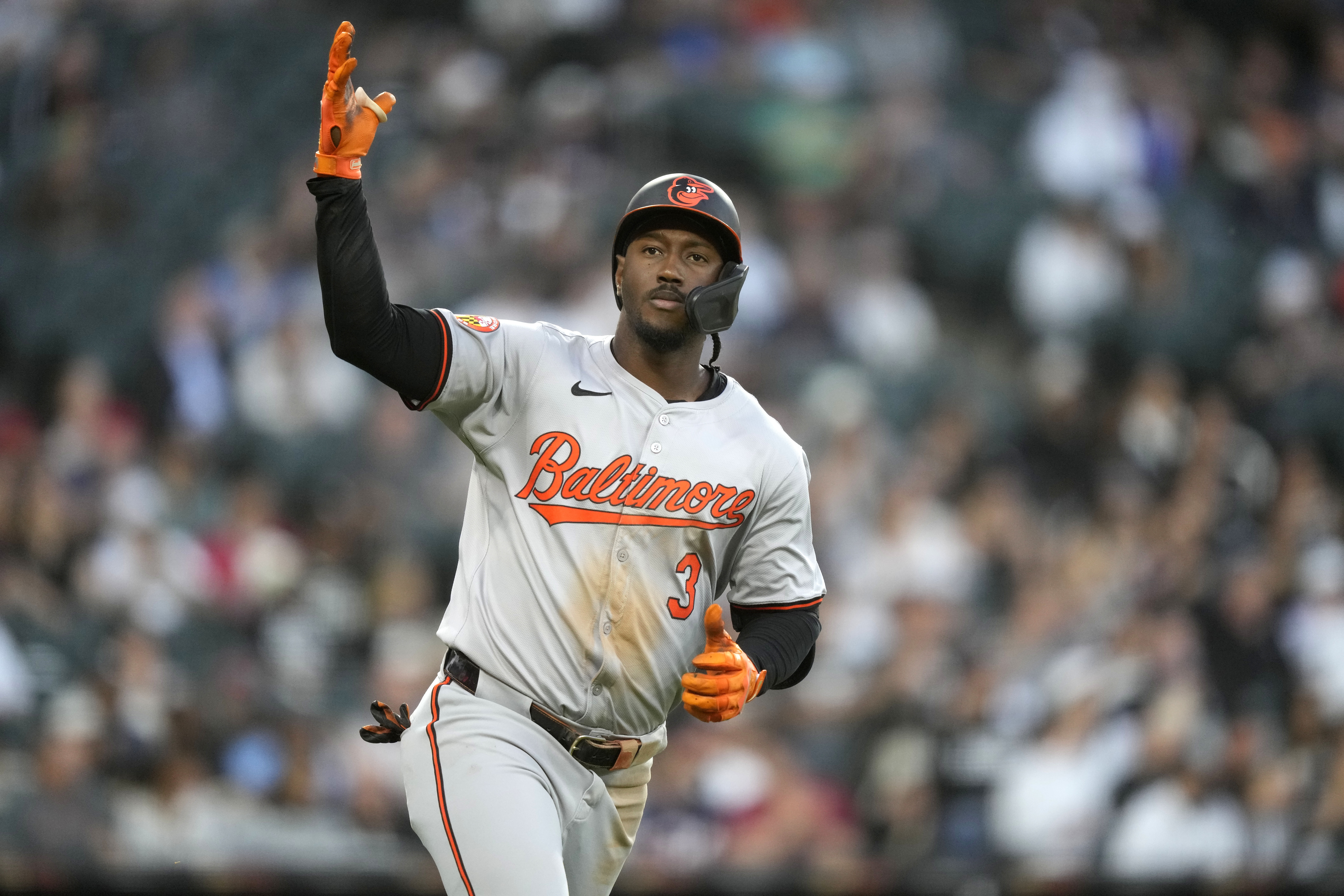 Baltimore Orioles' Jorge Mateo begins to celebrate his three-run home run off Chicago White Sox starting pitcher Mike Clevinger during the fourth inning of a baseball game Thursday, May 23, 2024, in Chicago. 