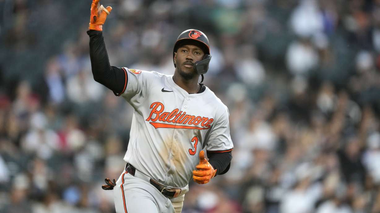 Baltimore Orioles' Jorge Mateo begins to celebrate his three-run home run off Chicago White Sox starting pitcher Mike Clevinger during the fourth inning of a baseball game Thursday, May 23, 2024, in Chicago.