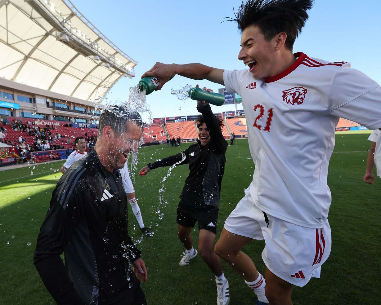 American Fork celebrates its 1-0 win over Farmington in the 6A boys soccer state championship in Sandy on Thursday, May 23, 2024.