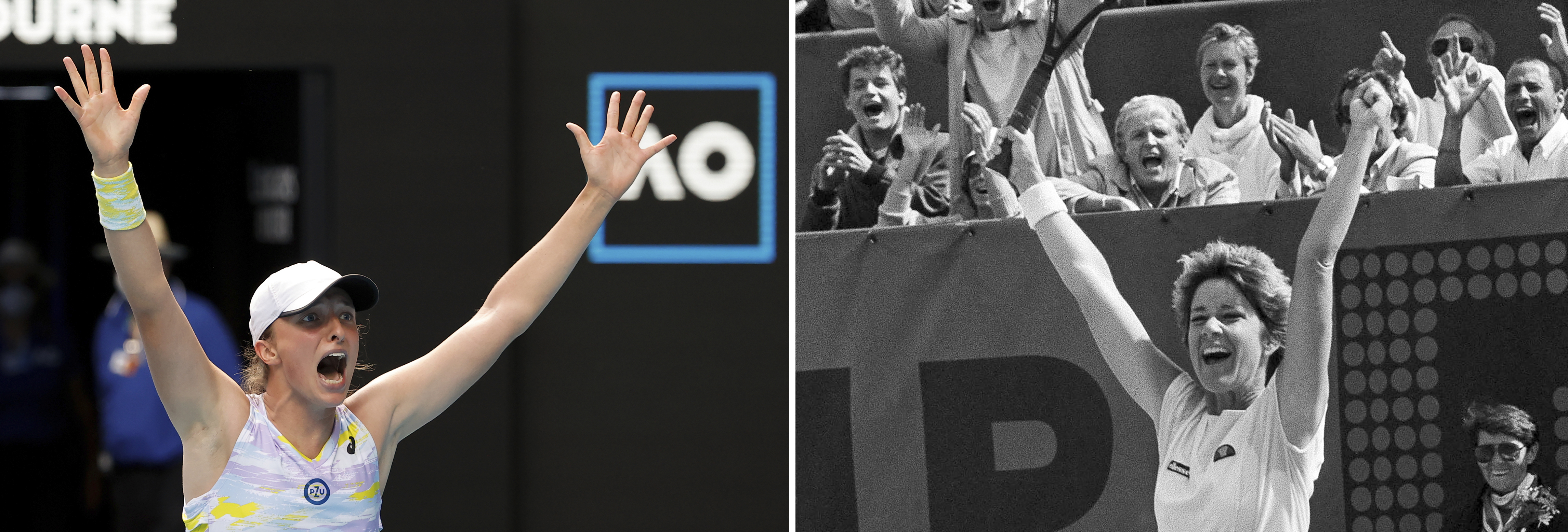 FILE - At left, Iga Swiatek, of Poland, celebrates after defeating Kaia Kanepi of Estonia in their quarterfinal match at the Australian Open tennis championships in Melbourne, Australia, Wednesday, Jan. 26, 2022. At right, Chris Evert-Lloyd bursts with joy after defeating fellow American Martina Navratilova in the final match of the women's singles of the French tennis championships at Roland-Garros stadium in Paris, Saturday, June 9, 1985. No less an authority on clay-court tennis than Chris Evert thinks her record of seven French Open championships could be surpassed by Iga Swiatek. 